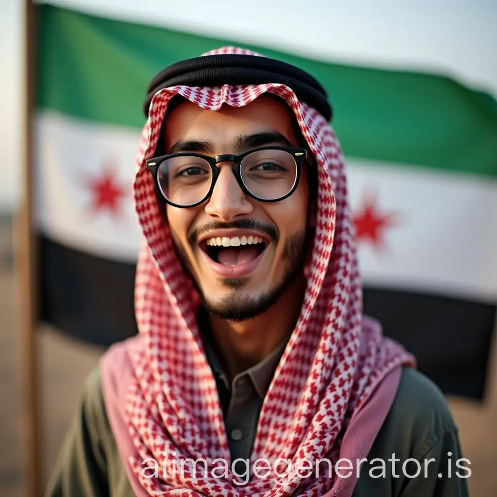 Happy-Saudi-Man-Celebrating-Syrias-Liberation-with-Flag-in-Background