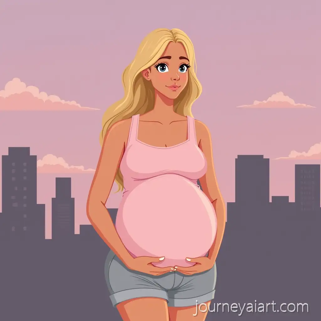 Pregnant-Woman-in-StylizedAI-Image-Prompt-Expansion-Cartoon-Illustration-with-Twilight-City-Background
