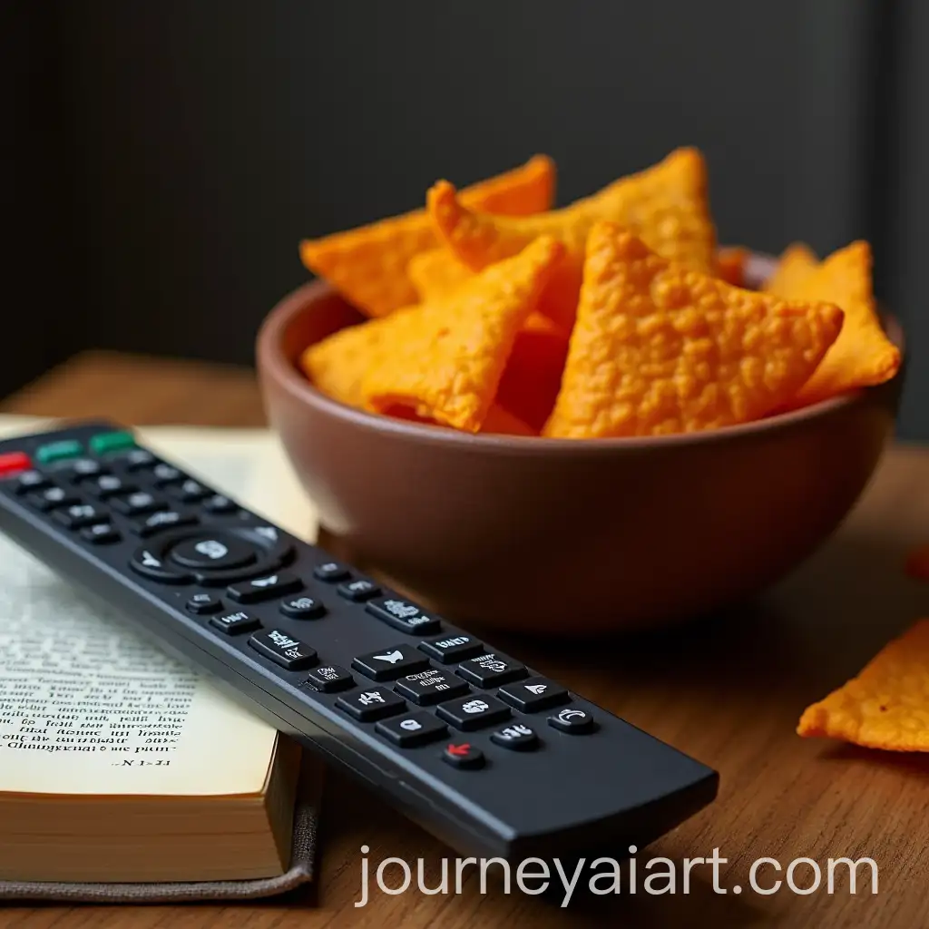 TV-Remote-Bowl-of-Doritos-and-Book-on-a-Table