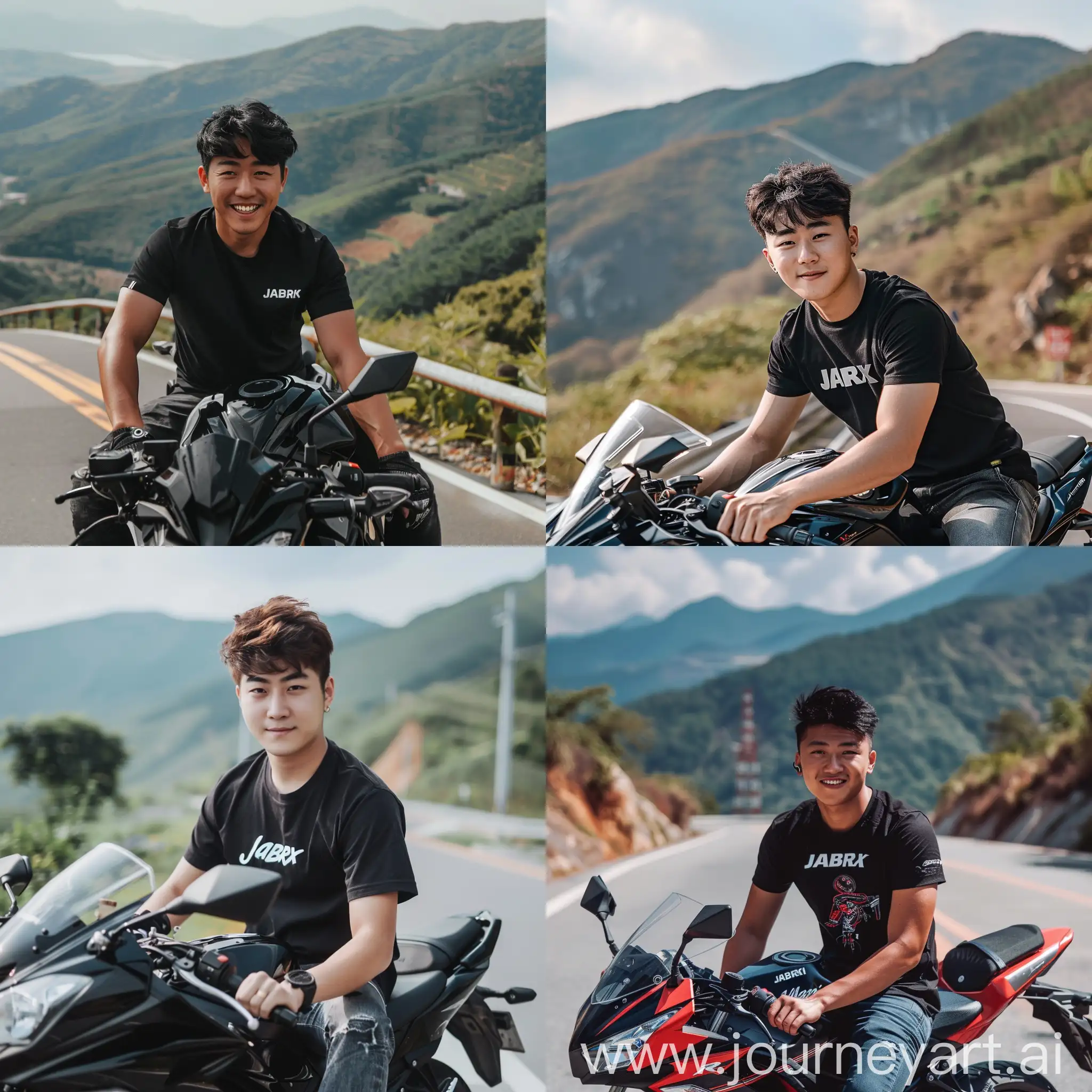 Young-Korean-Man-in-Black-TShirt-Smiling-on-Ninja-250R-Motorcycle-on-Mountain-Road