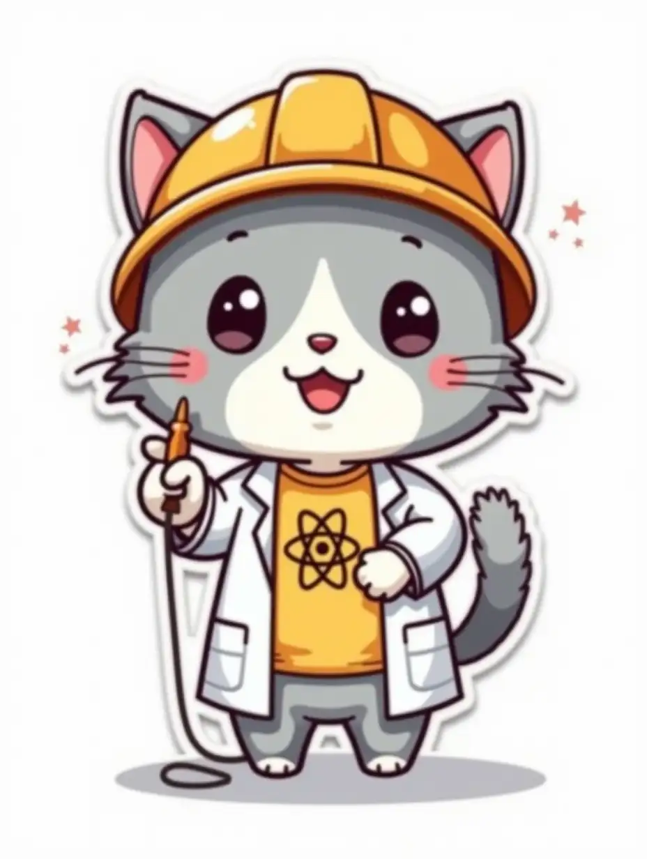 kawaii positive little happy electrician light gray cat in in protective helmet and gloves with of an atom symbol on t-shirt, in the lab coat of a laboratory scientist connects the wires. die cut sticker design top-view, high resolution, vector art, white background, paint in anime style