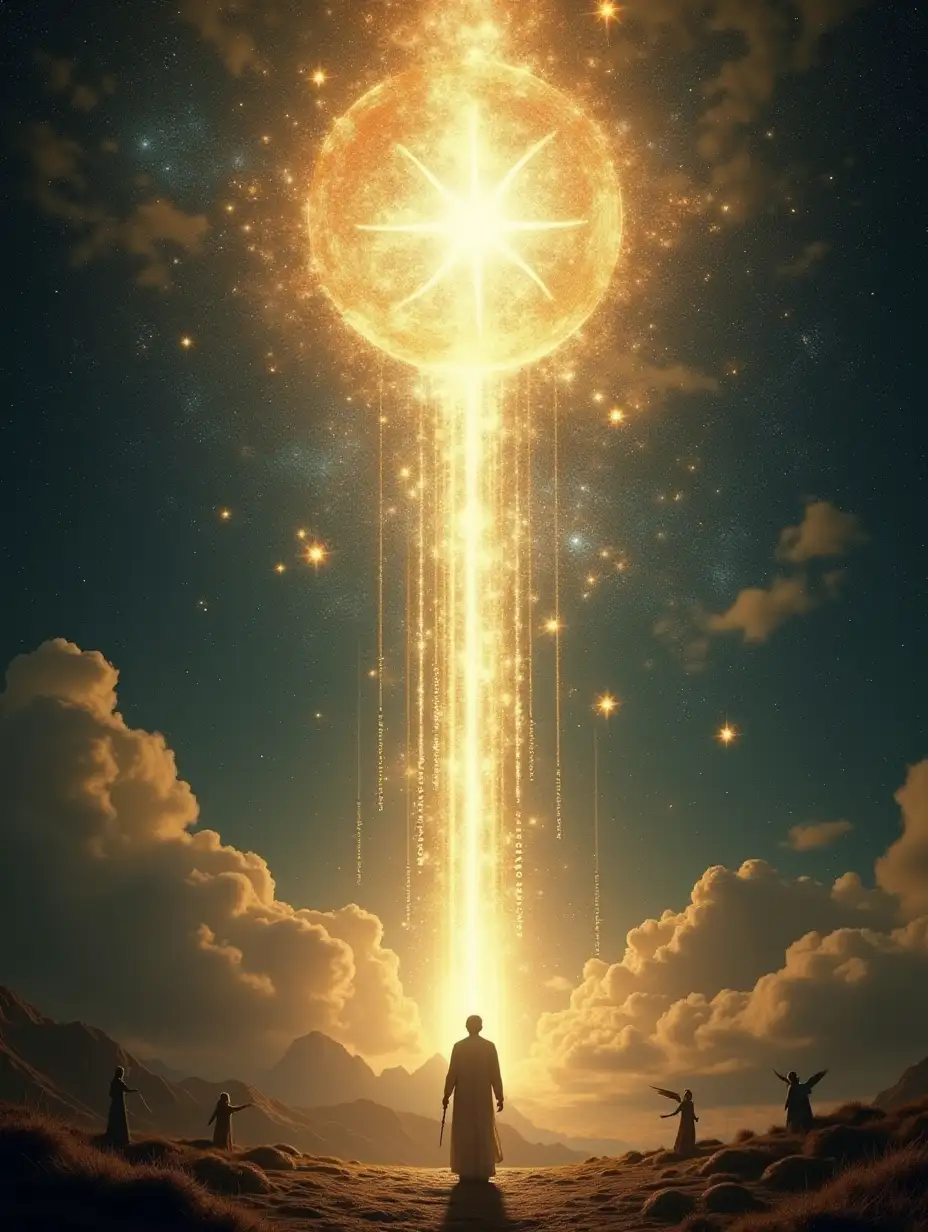 A vast celestial altar suspended in a landscape between dimensions, where the main figure is standing in front of a pillar of light connecting heaven with earth. In the background, silhouettes of angels or divine entities are silently observing, while arcane symbols and flashes of cosmic energy swirl around the figure. The words 'divine mission' seem to materialize in the air, with golden letters of light slowly fading away. The atmosphere is solemn and glorious, with a starry sky that seems to come alive, representing the magnitude of the task that the figure is destined to fulfill.