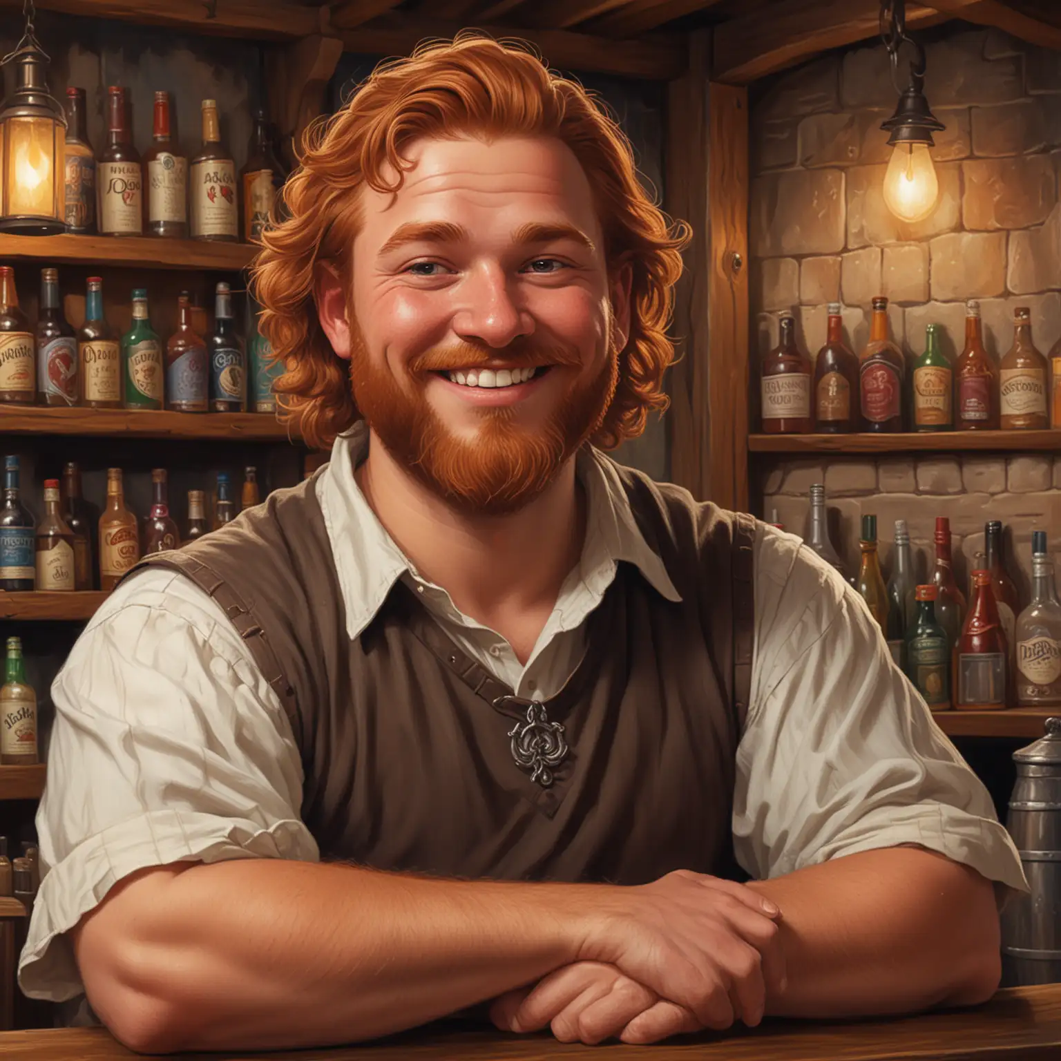 Smiling Tavern Keeper with Sandy Brown Hair in Dungeons and Dragons Style