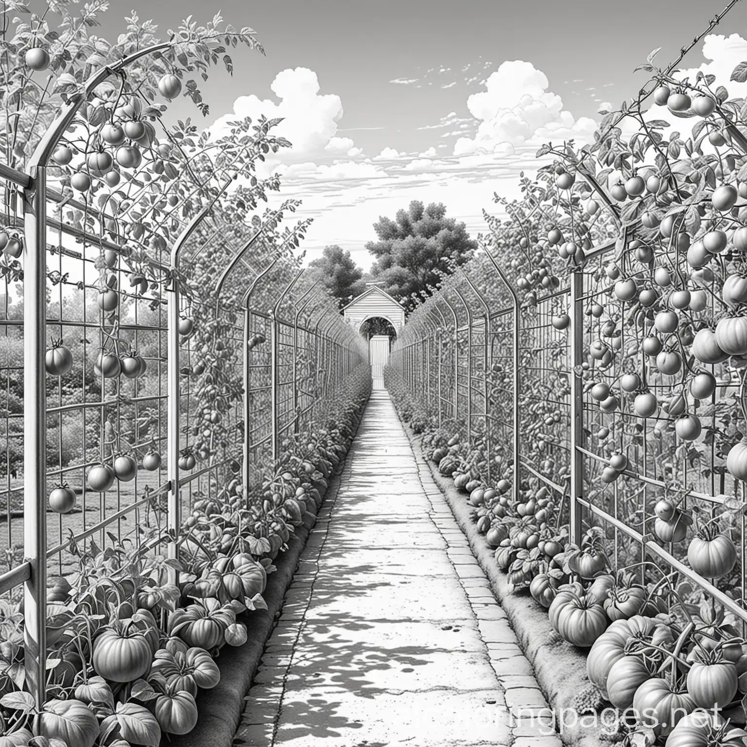 Tomato-Garden-Coloring-Page-with-Trellises-and-Fence