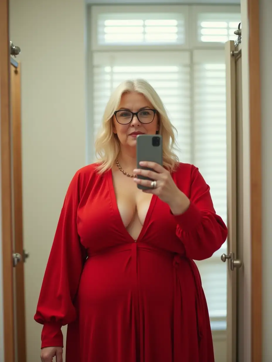 Curvy-50YearOld-Woman-Taking-FullBody-Mirror-Selfie-in-Bright-Fitting-Room