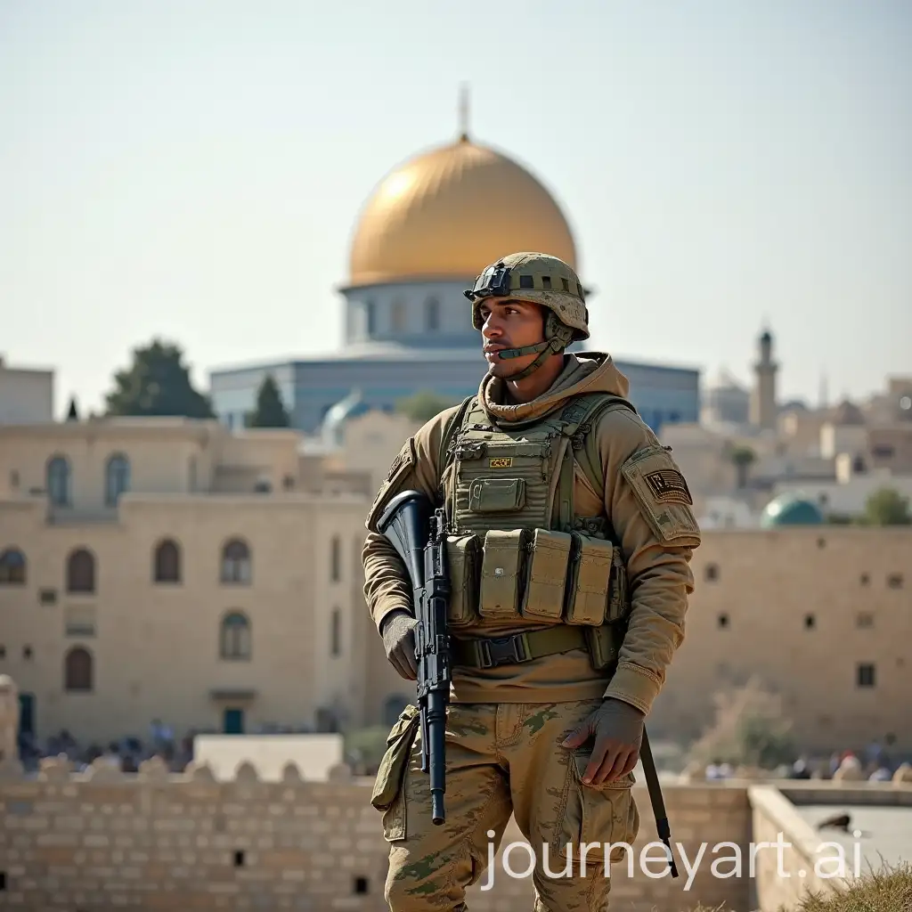 Soldier-in-Camouflage-Military-Suit-with-Dome-of-Rock-in-Palestine-Background