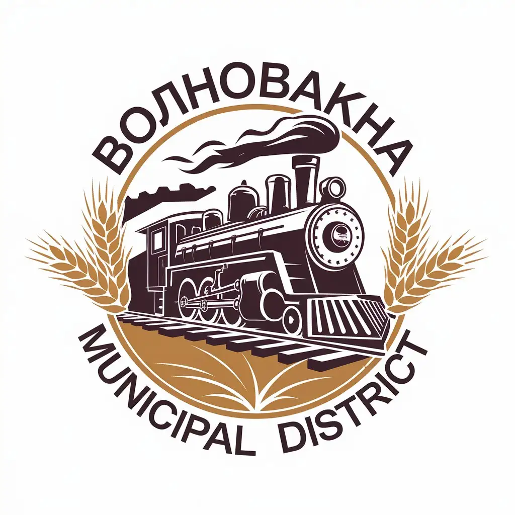 a vector logo design,with the text "Volnovakha municipal district", main symbol:steam locomotive, mine, ears of grain,Moderate,clear background