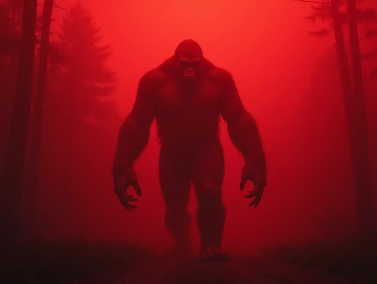 Bigfoot in red fog, Fantasy style, realistic photography in 4K quality, precise anatomy, smallest details, flawless composition