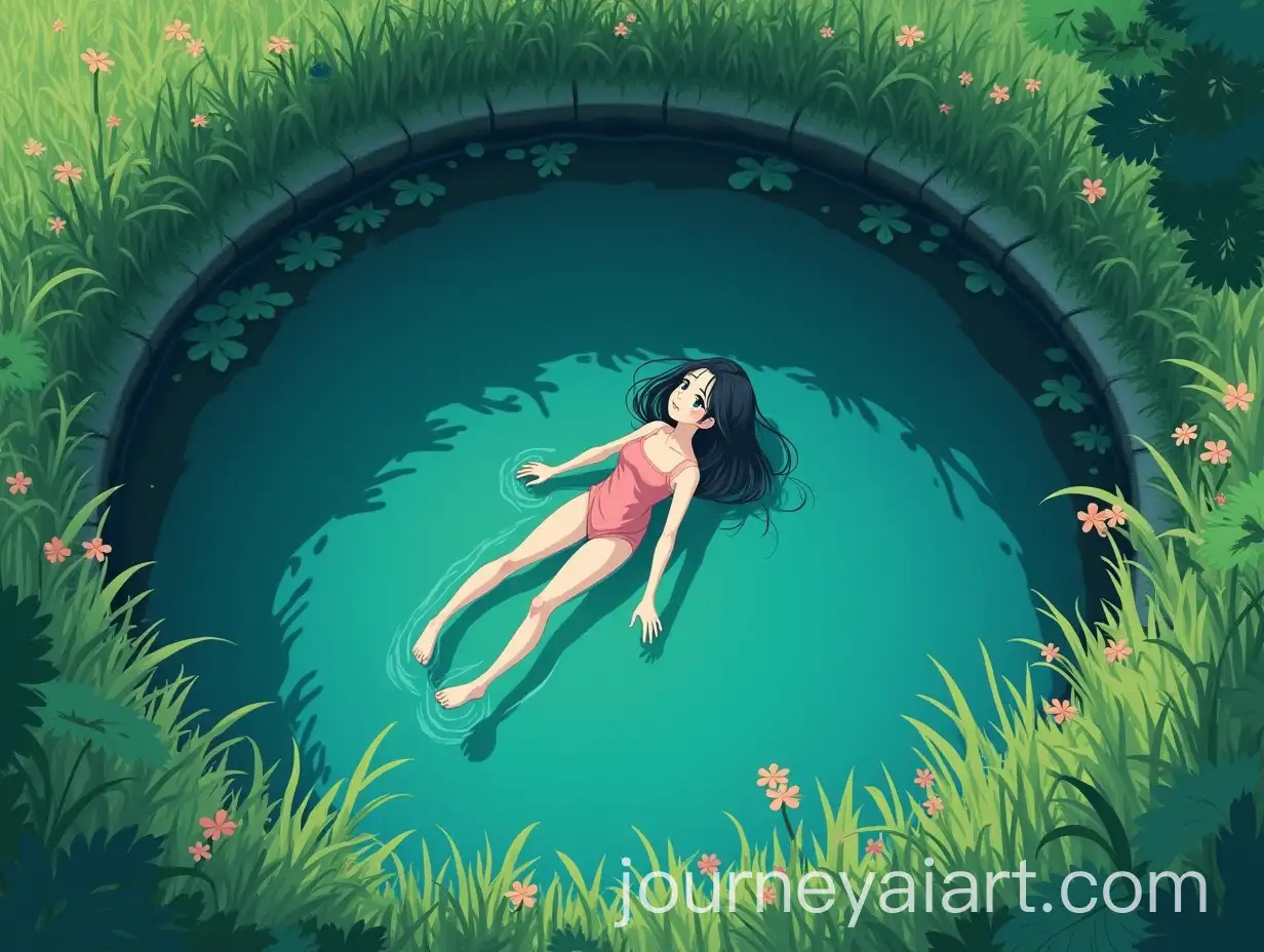 Girl-Floating-in-Pond-Surrounded-by-Greenery-Studio-Ghibli-Style-Art
