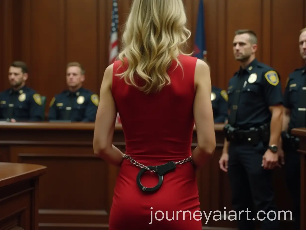 Blonde-Woman-in-Red-Dress-Handcuffed-in-Courtroom-Setting