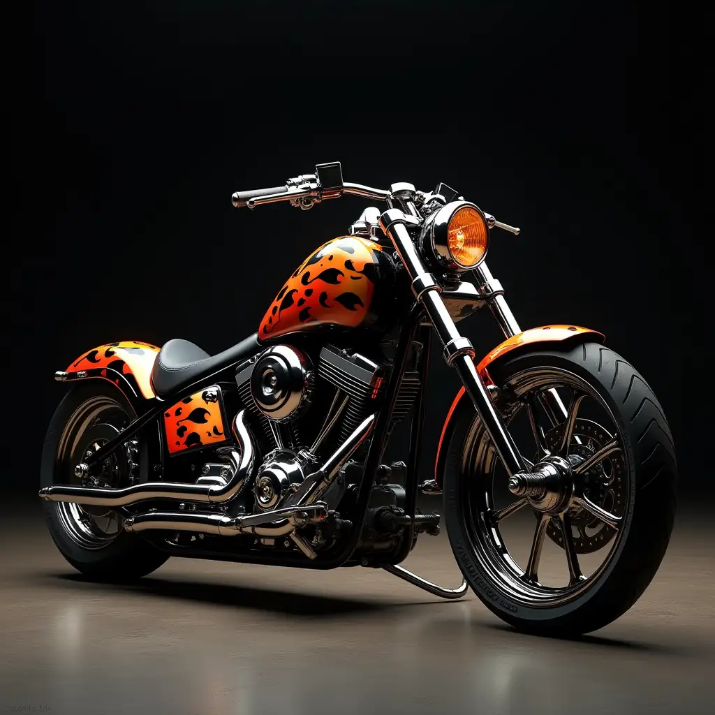 Creating a digital painting of a powerful, robust chopper motorcycle with intricate flame paint job in front of a black wall and photorealistic attention to detail for parts and lighting.