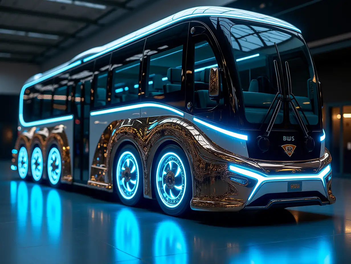 A super modern bus with 10 wheels and blue led lights gold white black Steampunk