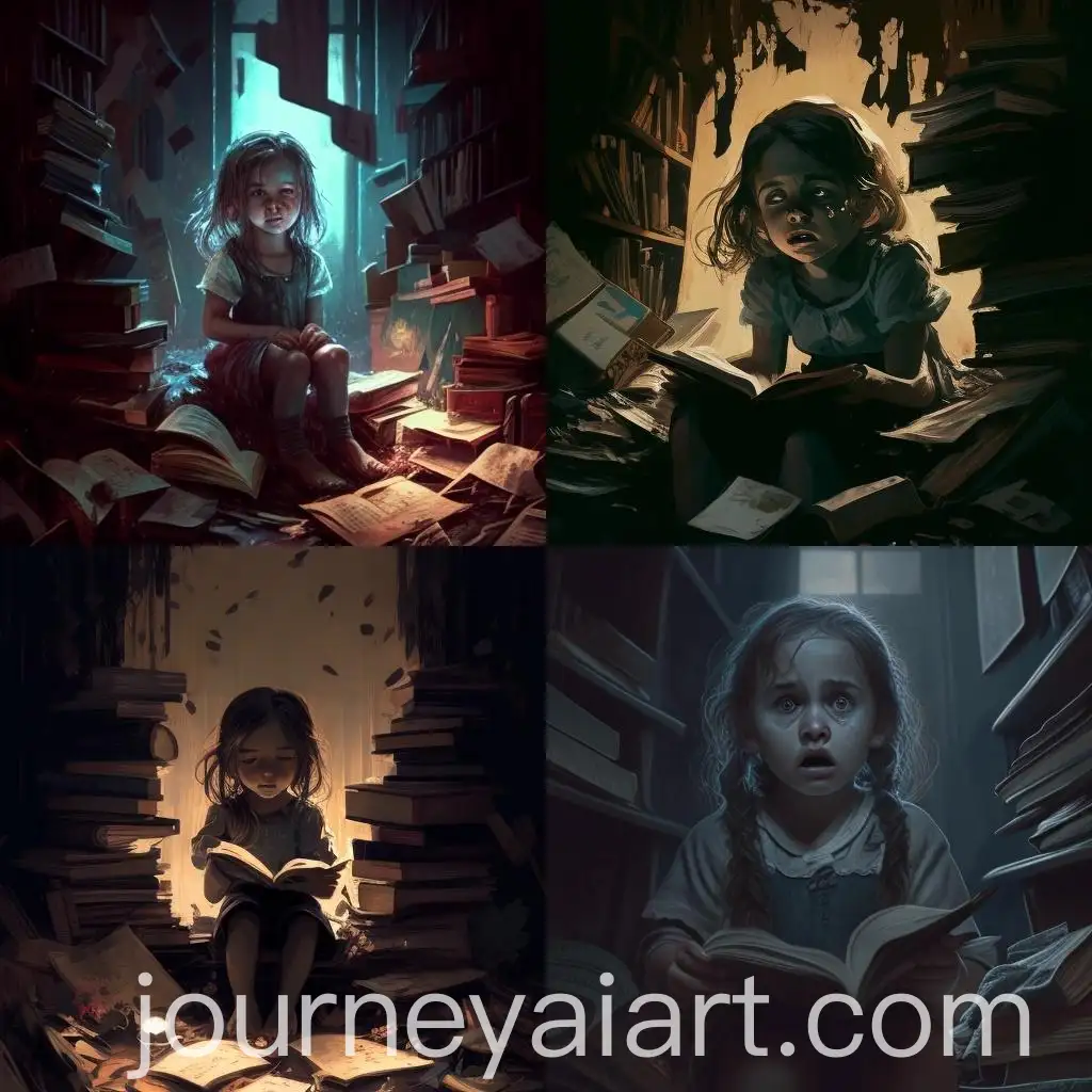 Child-Surrounded-by-Accusing-Shadows-in-Dimly-Lit-Room-with-Book-Ladder