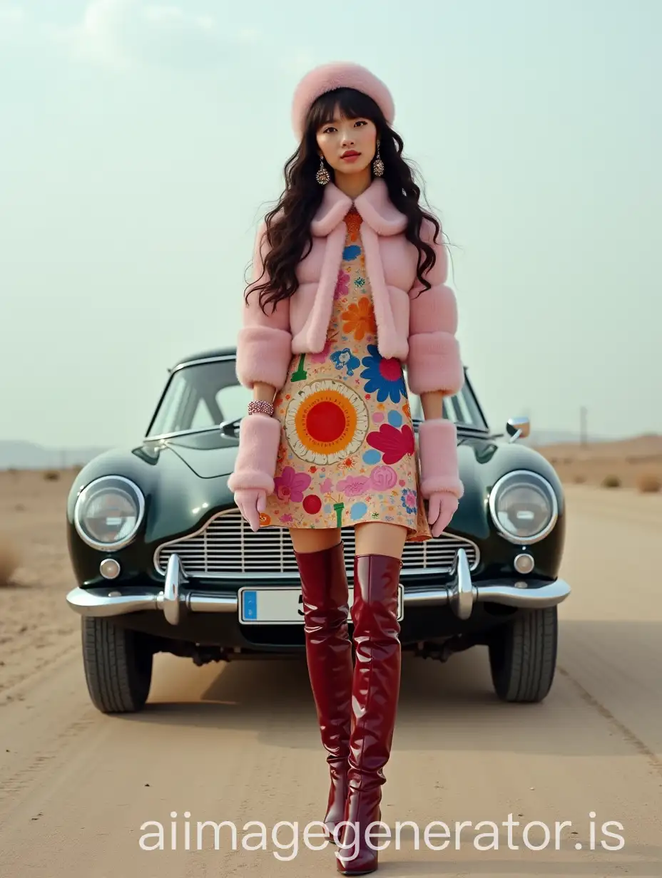 Japanese-Model-in-Dandy-Fashion-with-Aston-Martin-DB6-on-Deserted-Road