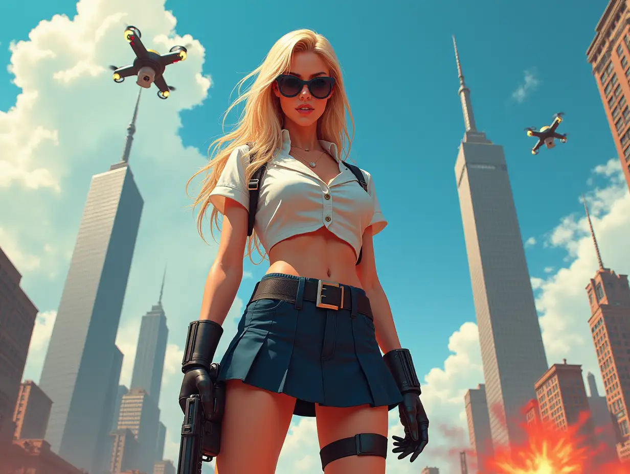 Wide-angle digital painting, (Beautiful woman in stylish school uniform, extreme midriff showing, short skirt, combat boots, and sunglasses : 1.3), Triangular composition, Dynamic full-length pose, Confident expression, (Armed mercenary: 1.3), Gun grip, Supporting pose, City background, Skyscrapers in the distance, nuclear explosion in extreme distance, two small targeting drones above, (Bright sunlight: 1.2), Sharp contrasts, Bold colors, Clear details. female mercenary in cool cyberpunk style in colorful fantasy style, realism, post-apocalyptic landscape, cartel, bald rod, oil painting, rod Nostalgia, strong emotions, low angle, high detail, sharp focus