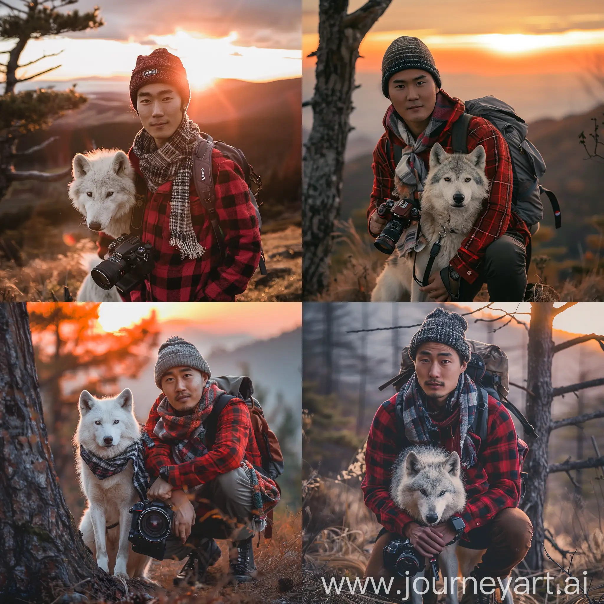 Korean-Man-in-Red-Flannel-Shirt-Capturing-Sunset-with-Pet-White-Wolf