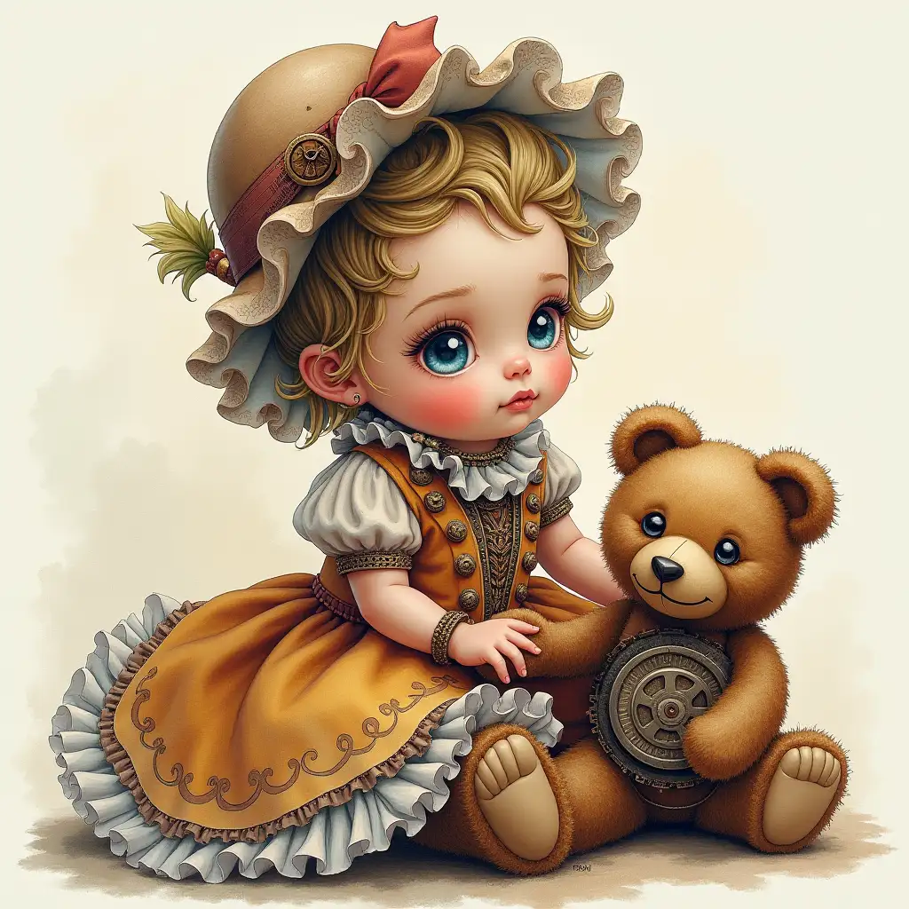 Hyperrealistic Steampunk Baby in Elaborate Dress with Metal Teddy Bear