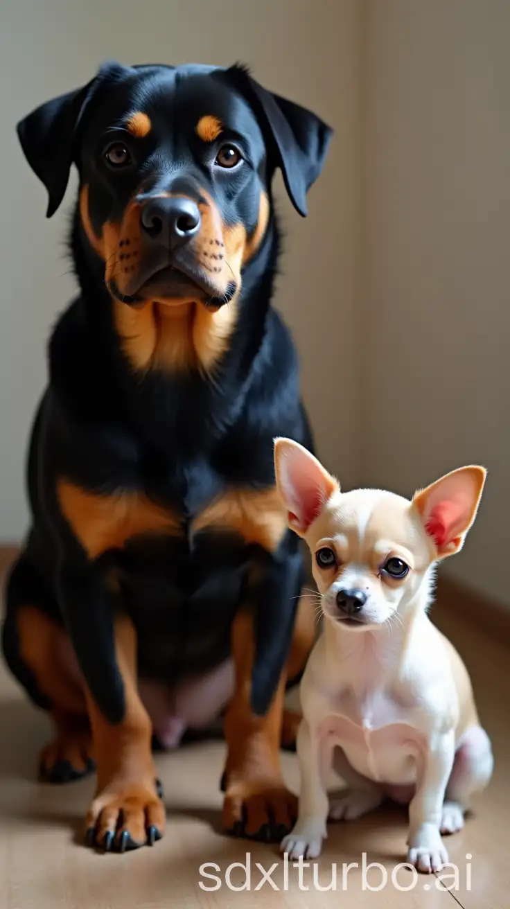 Rottweiler-and-Chihuahua-Companions-in-a-Cozy-Setting