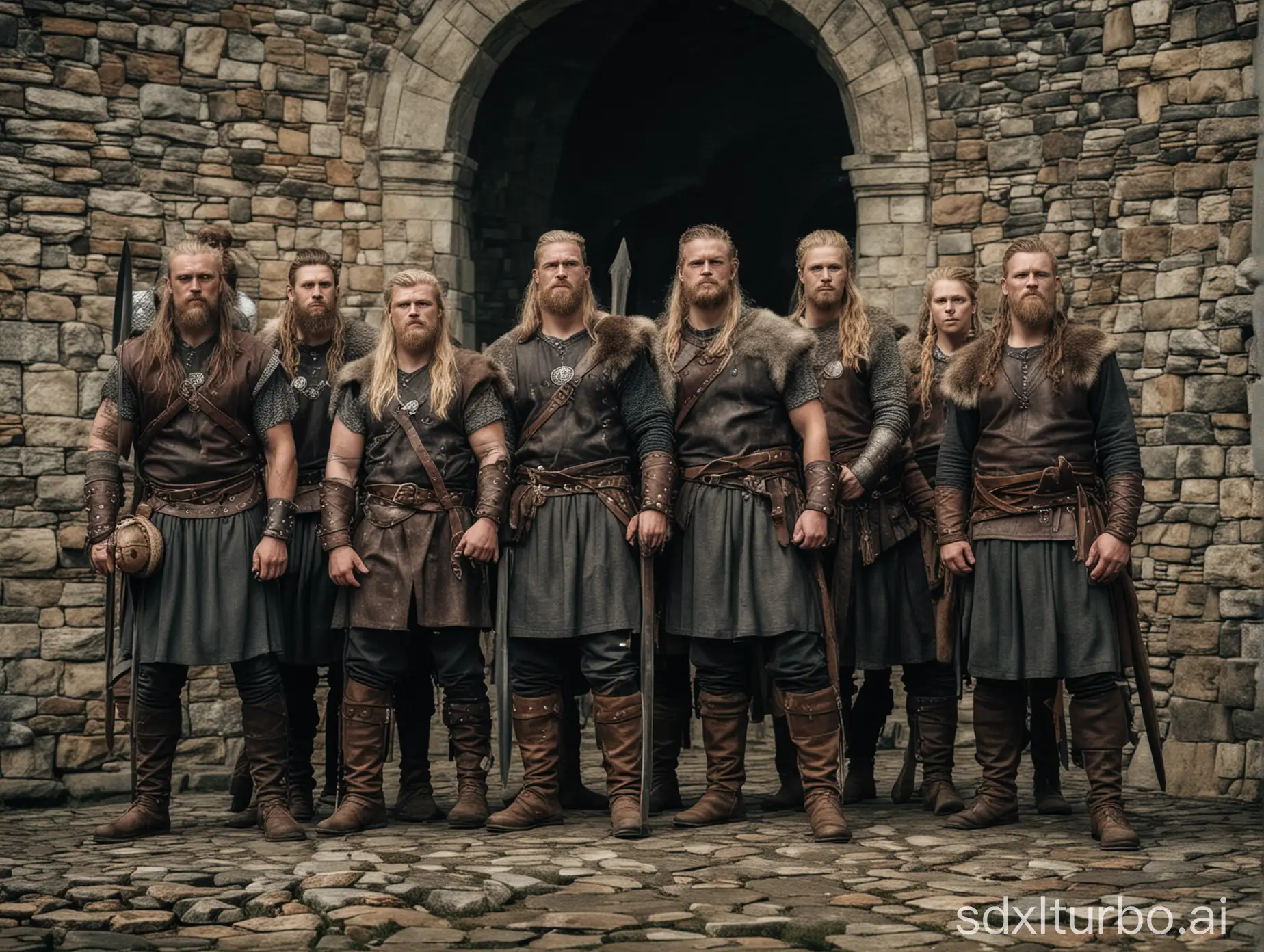 team of vikings standing side by side in the  castle