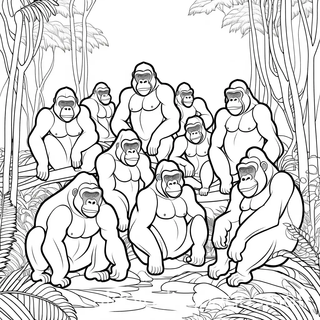 a group of gorilla in the forest, Coloring Page, black and white, line art, white background, Simplicity, Ample White Space. The background of the coloring page is plain white to make it easy for young children to color within the lines. The outlines of all the subjects are easy to distinguish, making it simple for kids to color without too much difficulty