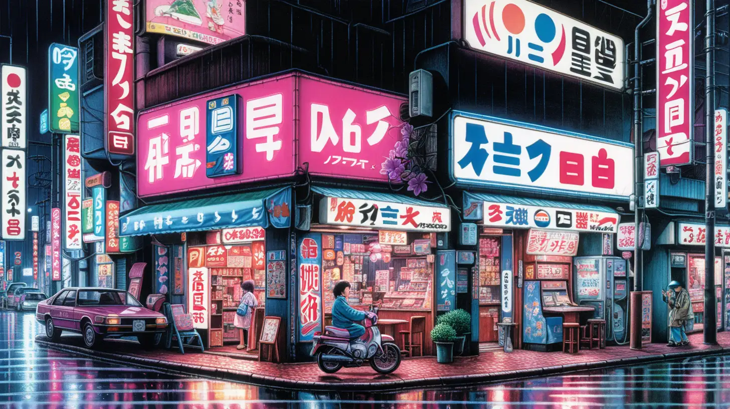 Moody 80s90s Tokyo Street Corner Scene with Neon Signs and Retro Fashion