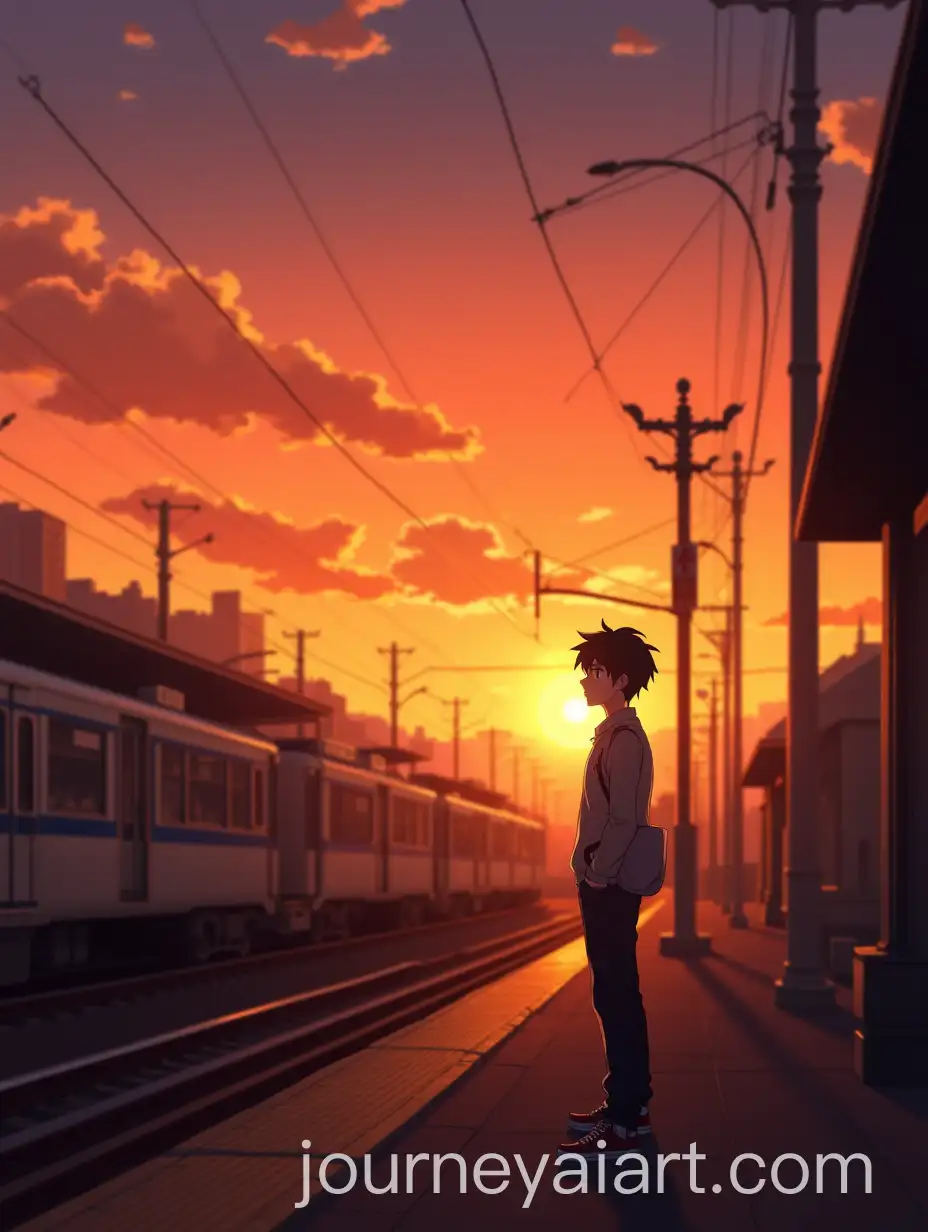 Anime-Art-of-Guy-Looking-at-Sunset-at-Train-Station-with-Soft-Orange-Light