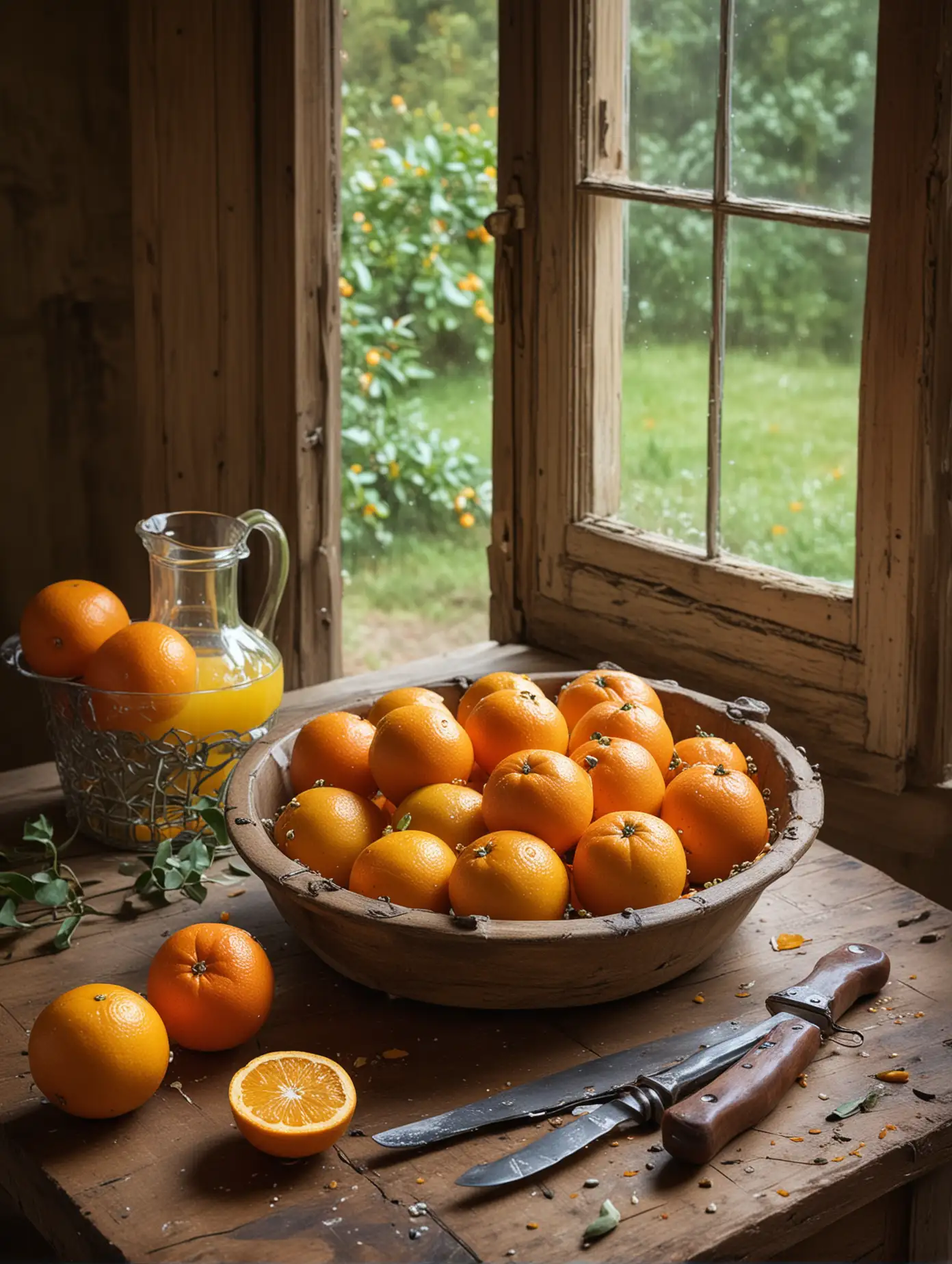 Still Life of Freshly Picked Oranges on Antique Wooden Table