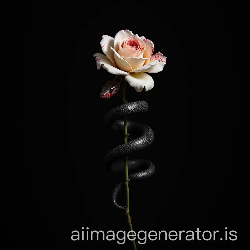 Black-Snake-Coiled-Around-a-White-Rose-Covered-in-Blood