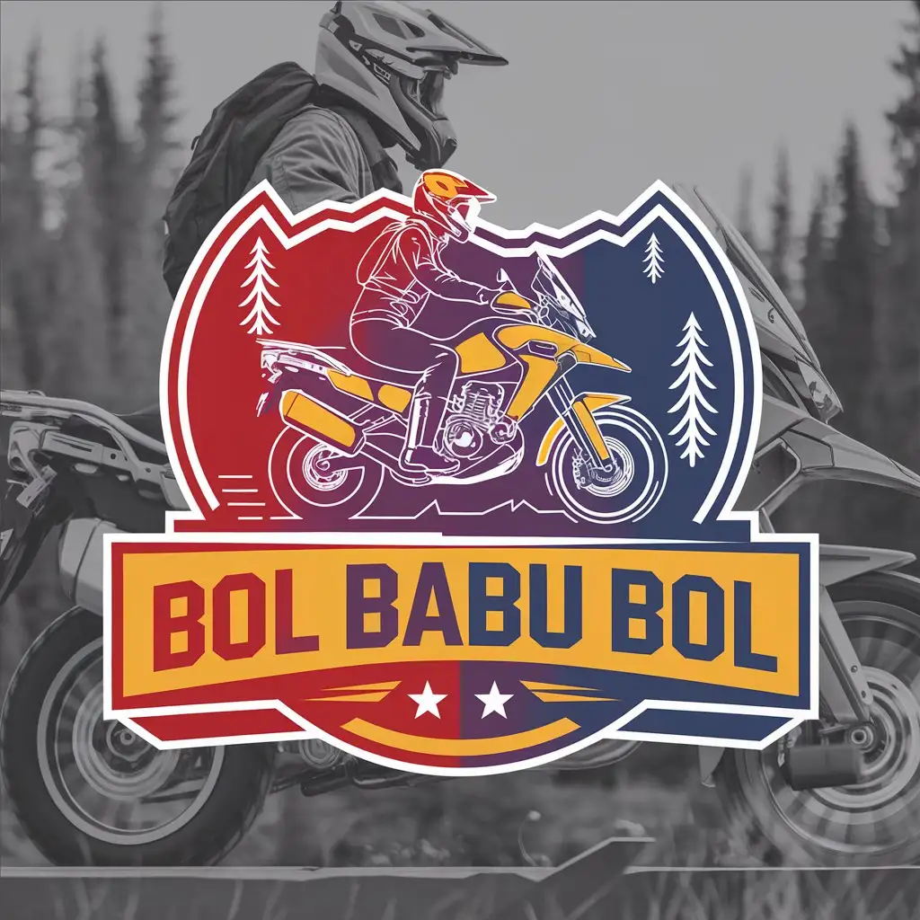 LOGO Design for BOL BABU BOL Adventure Motorcycle with Rider in Red Yellow Blue with Nature Theme