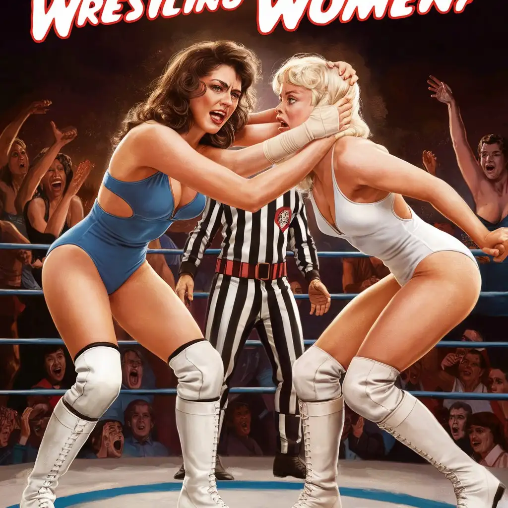 a 1990's movie poster for the B movie "Wrestling Women!" a beautiful sexy auburn long haired  young woman in a skin tight one piece blue bathing suit and knee high white wrestling boots  grabbing the head of a beautiful sexy long haired blonde woman in skin tight one piece white bathing suit and knee high white wrestling boots in a wrestling ring. Expressive wincing faces. The blonde is reaching for the raven haired woman's head. The blonde is leaning forward with her head tilted back and her eyes closed. refereed watches the action, large crowd cheering