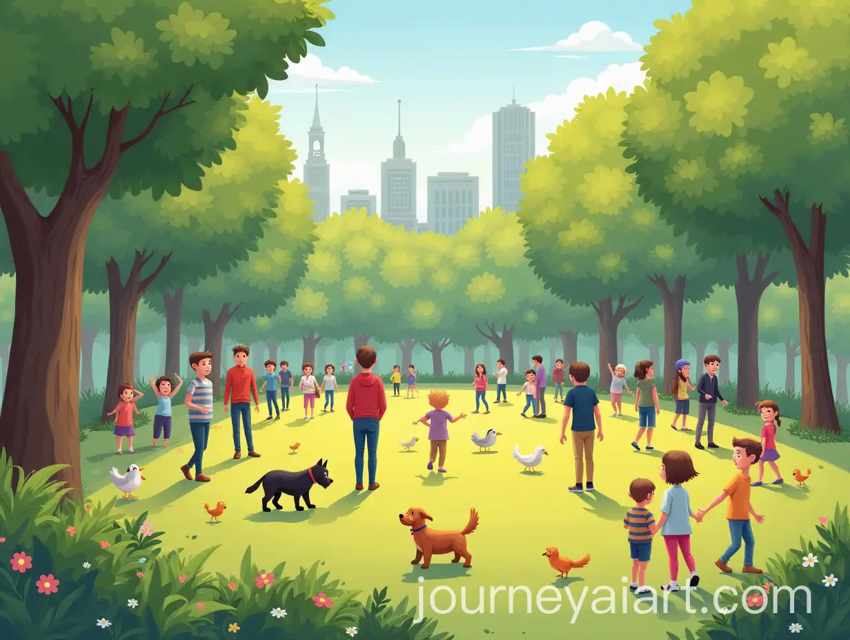 Vibrant-Park-Scene-with-Families-and-Playful-Dogs