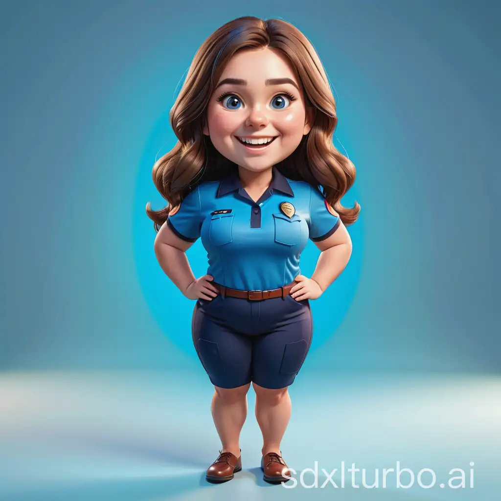 Cartoon-Style-Fat-Woman-in-Blue-Uniform-with-Shaggy-Hair-Smiling