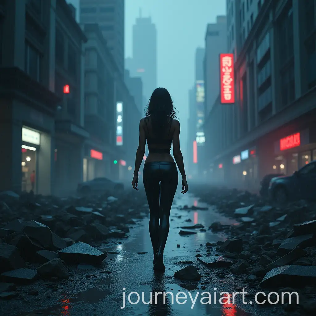 Futuristic-Woman-Walking-in-a-RainSoaked-Destroyed-City-at-Night