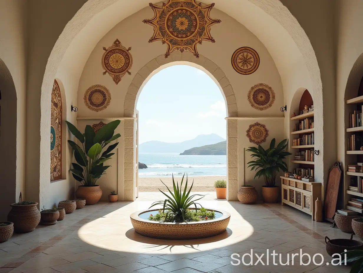 Sunny-Yoga-Hall-with-Mandalas-and-Mosaic-Fountain