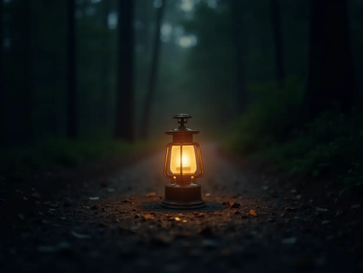 A glowing lamp on a dark path in a quiet forest, symbolizing guidance and being a light in the world.