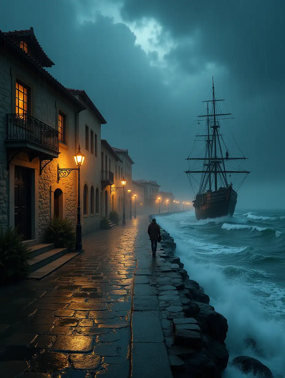 Dark-Fantasy-Italian-Port-in-Winter-Storm-with-Galleon-and-Crashing-Waves