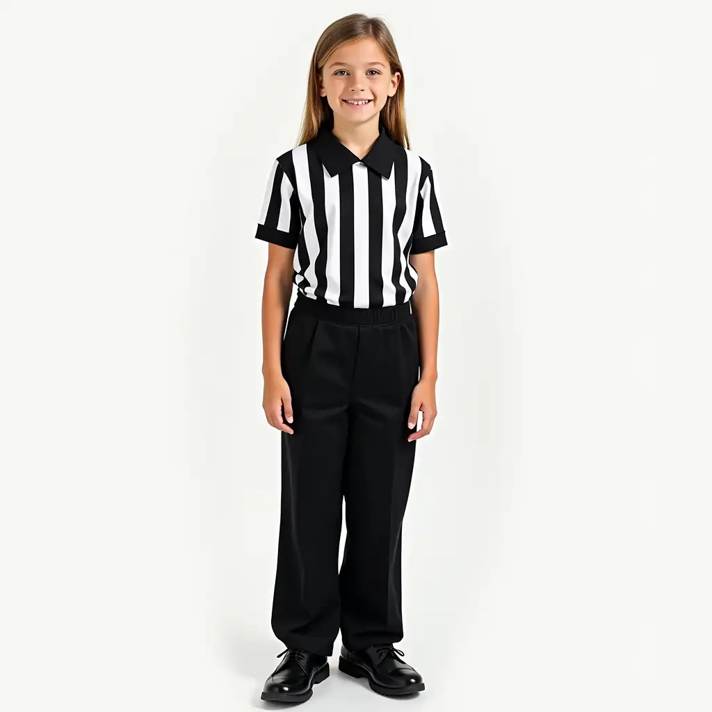 Teenage Girl Referee in Black and White Striped Shirt and Pants