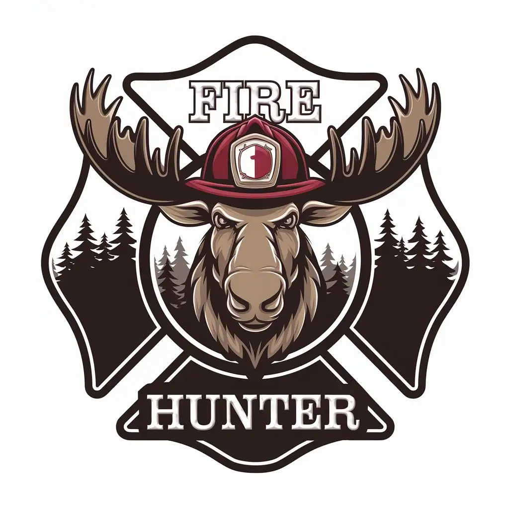 LOGO Design for Fire Hunter FullFace Moose in Firefighter Helmet with Pine Forest Background