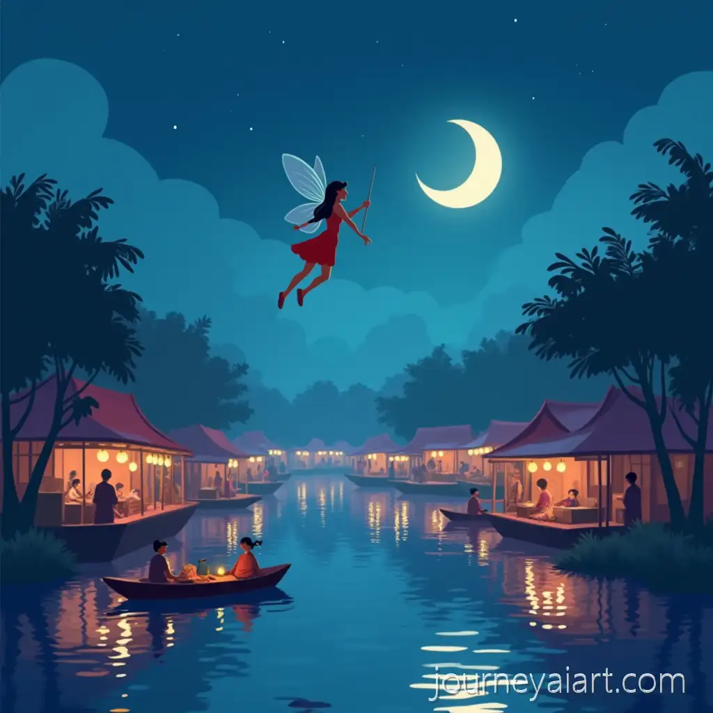 Little-Fairy-Flying-Over-Thai-Floating-Market-at-Night-in-Pastel-Colors