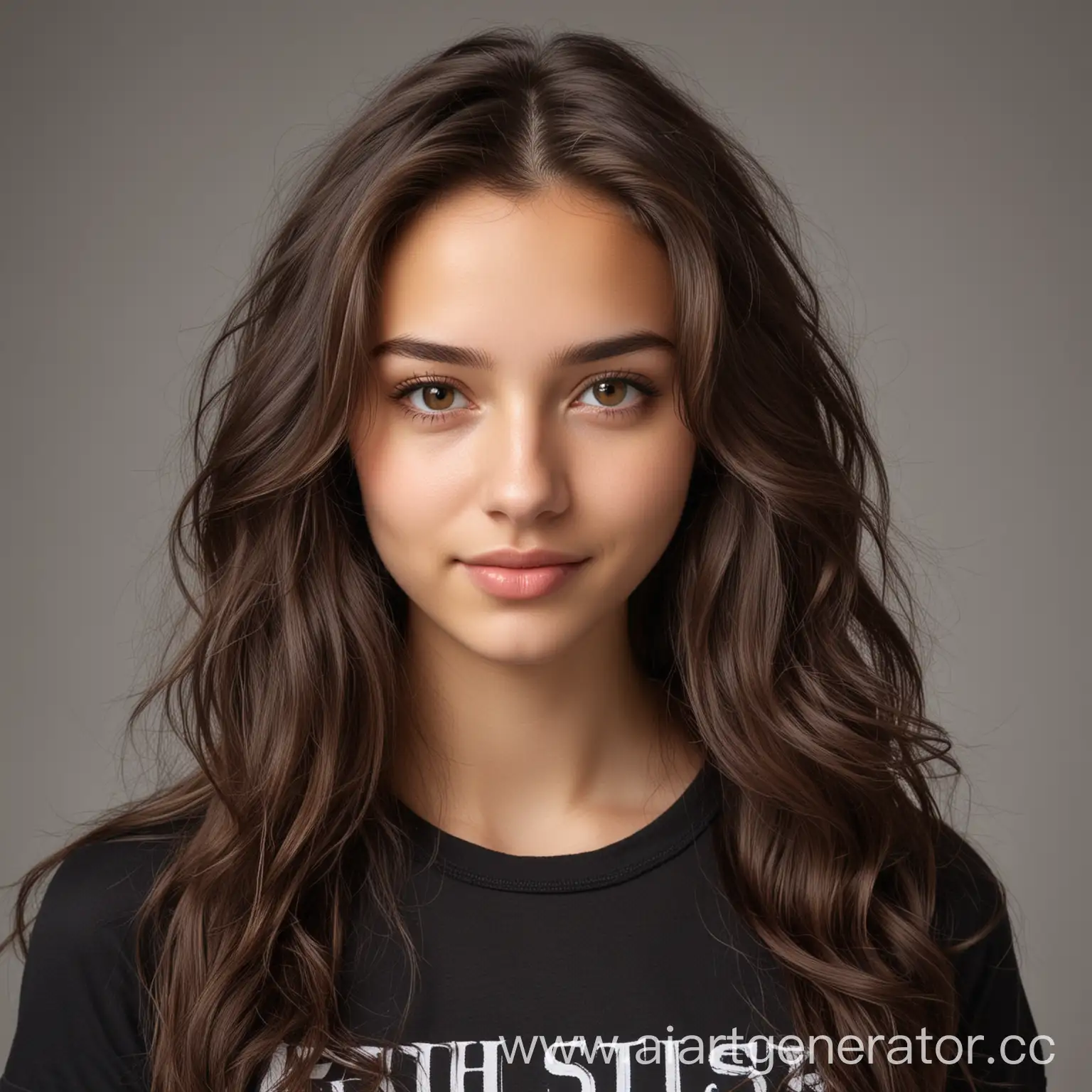 A girl with dark chestnut, long wavy hair and brown eyes, with light even skin. She is wearing a black t-shirt. Neutral background, light gray or white.nBeautiful young woman, around 18 years old, with Slavic and slightly Tatar facial features.