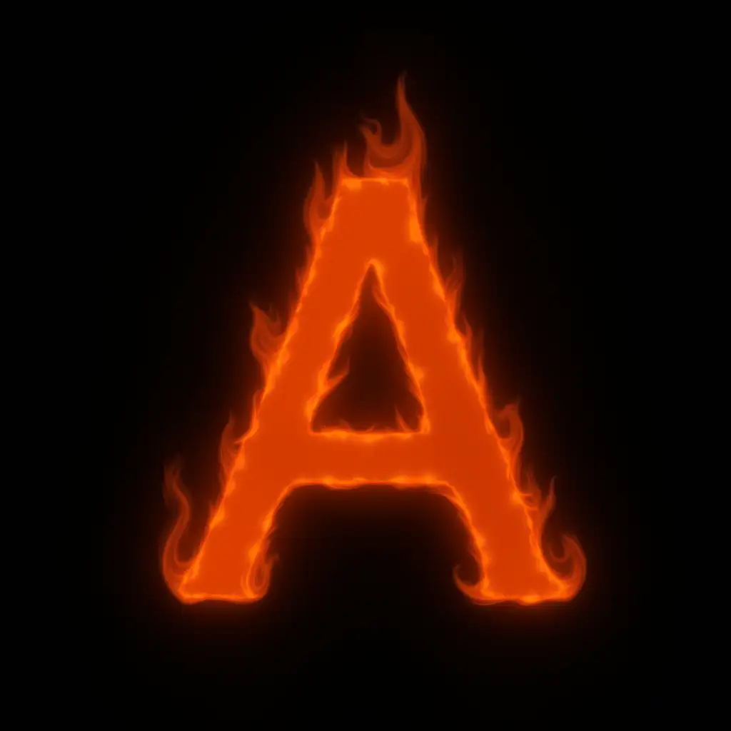 Letter 'A', concept art, (Fire), black background, clean background, 2d