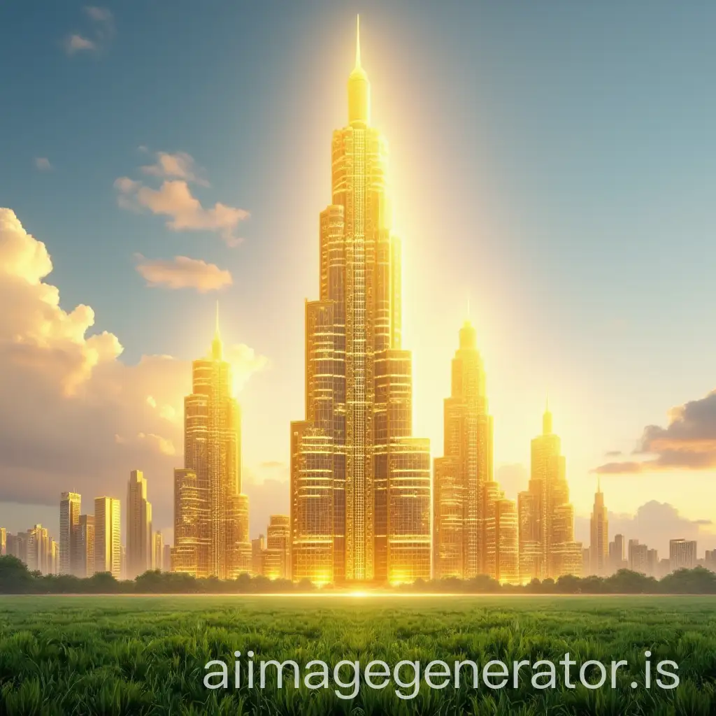 Luxurious-Golden-Skyscraper-with-Green-Grass-and-Colorful-Sky