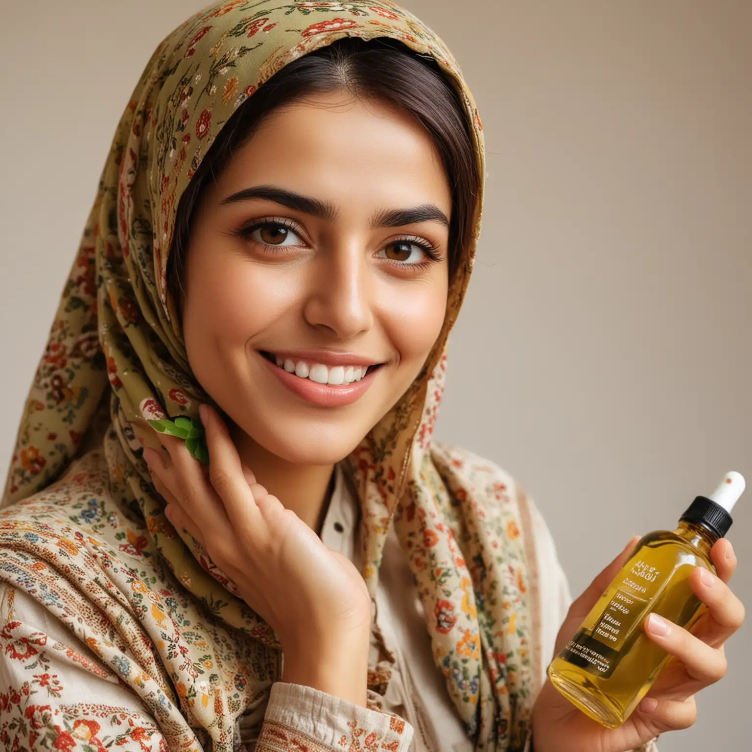 Iranian-Woman-Holding-Jojoba-Oil-and-Smiling-in-Modest-Clothing