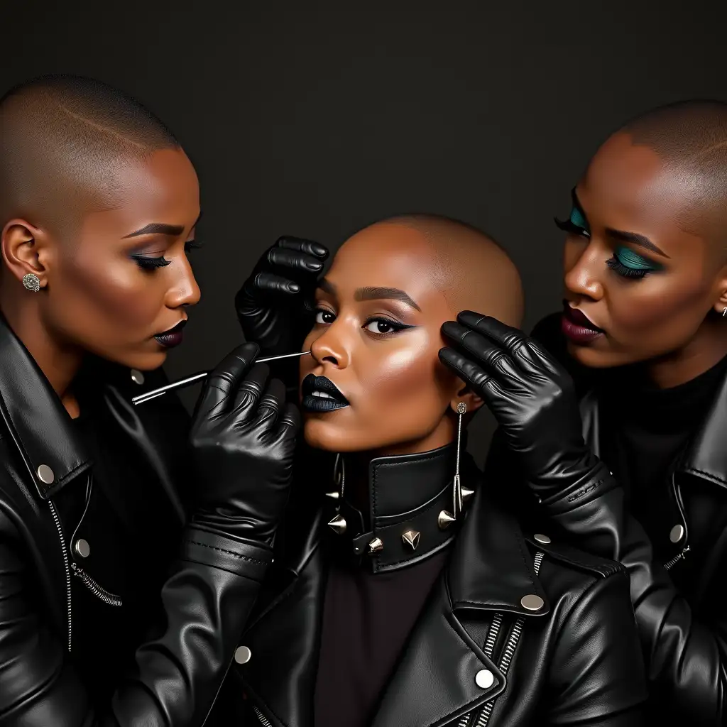 Three-Black-Women-Applying-Makeup-to-Cynthia-Erivo-in-Leather-Jackets-and-Studded-Accessories