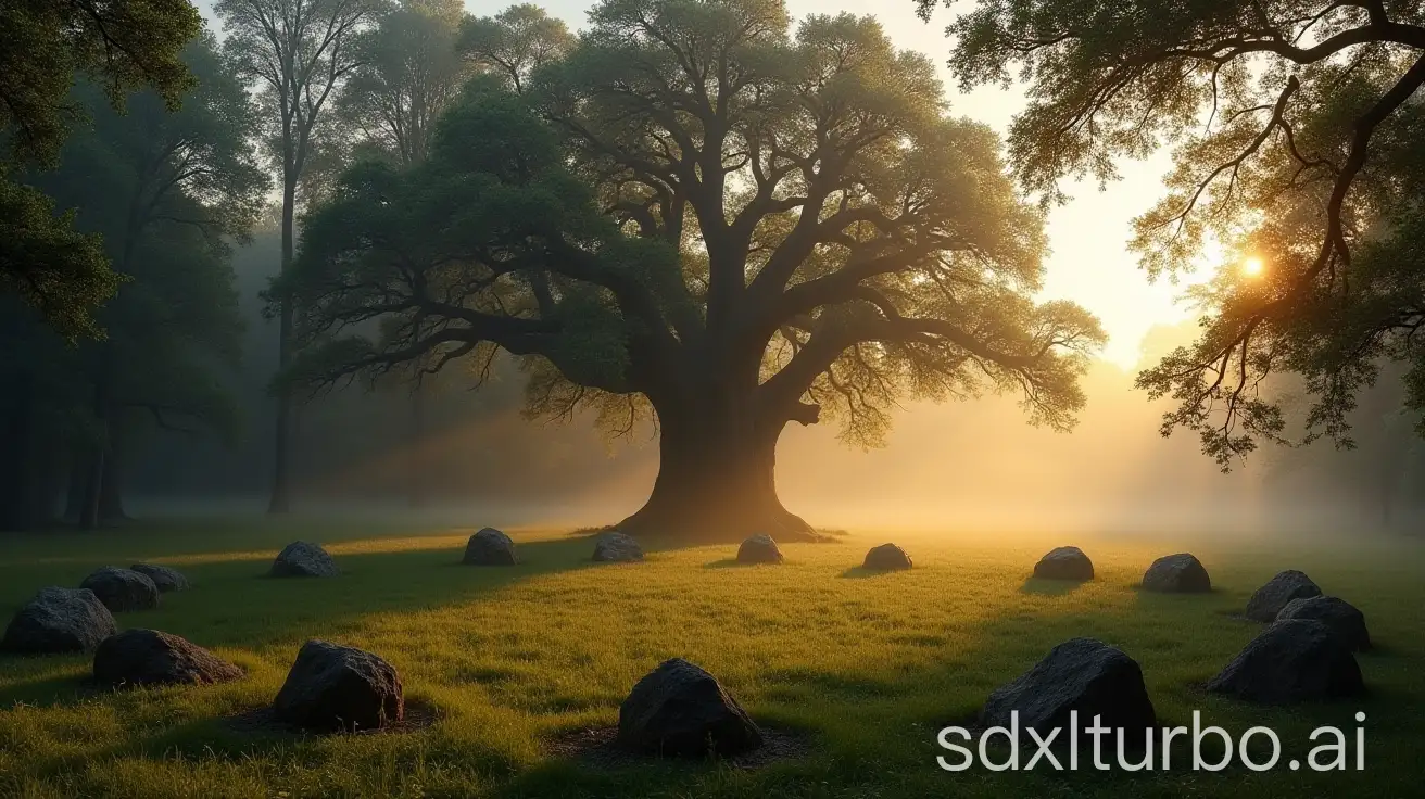 Very large clearing in the oak forest at dawn with grass, wisps of fog, field stones arranged in a circle and a huge dead hollow oak tree in the middle.