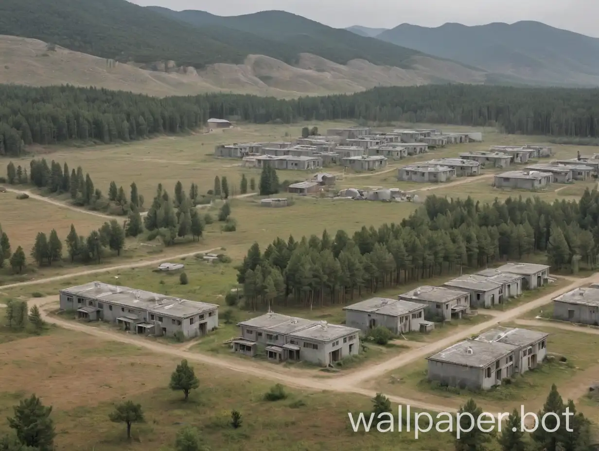 A remote settlement like a soviet satellite village with grey concrete buildings, surrounded by Korean pine nut trees on a steppe