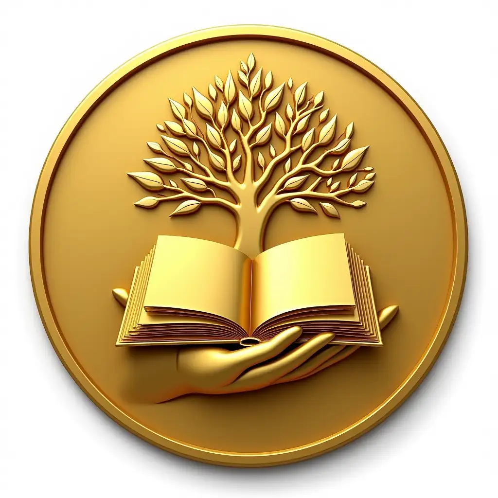 The golden medal features a central symbol of an open book, representing knowledge, education, and the pursuit of wisdom, with subtle detailing on the pages for texture. The book is cradled by a tree that takes the shape of a hand, with its branches forming fingers that gently hold the book and its roots extending downward, symbolizing growth, stability, and the nurturing nature of learning. This unique tree-as-a-hand motif represents the care, dedication, and interconnectedness required to cultivate knowledge. The design is intentionally minimalist, focusing on the universal themes of education and wisdom without field-specific symbols. The polished gold finish adds a timeless and prestigious touch to the elegant and meaningful design.