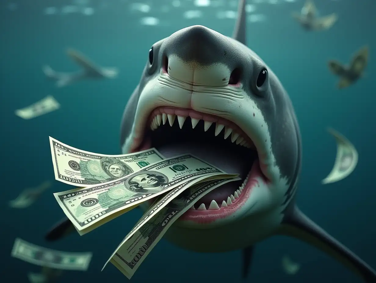 Sharks-with-Dollar-Bills-in-Mouths-Surrounded-by-Cash