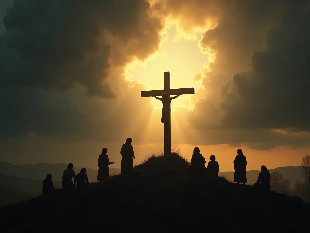 The scene takes place on a hilltop under a tumultuous sky. The horizon is painted with dark, rolling clouds, symbolizing the weight of anguish and despair. In the center of the composition, a wooden cross stands tall, silhouetted against a faint beam of divine light breaking through the clouds. This light symbolizes hope and the presence of God amidst profound suffering. Around the base of the hill are subtle, shadowed figures—representing humanity in all its diversity. Some figures stand in solemn silence, gazing upward toward the cross, while others kneel in quiet reflection. Their postures convey sorrow, reverence, and the deep emotional connection to the event. The landscape is barren, emphasizing solitude and the gravity of the moment. The central focus remains on the cross, but rather than graphic detail, it radiates an ethereal glow, representing Jesus's spiritual endurance and the transformative power of His sacrifice. The stormy sky contrasts with the gentle golden rays of light descending from above, suggesting the coexistence of suffering and salvation. In the distance, faint silhouettes of rolling hills and ancient trees frame the scene, grounding it in a timeless setting. The entire composition is suffused with a sense of solemnity and reverence, inviting reflection on themes of pain, love, forgiveness, and redemption.