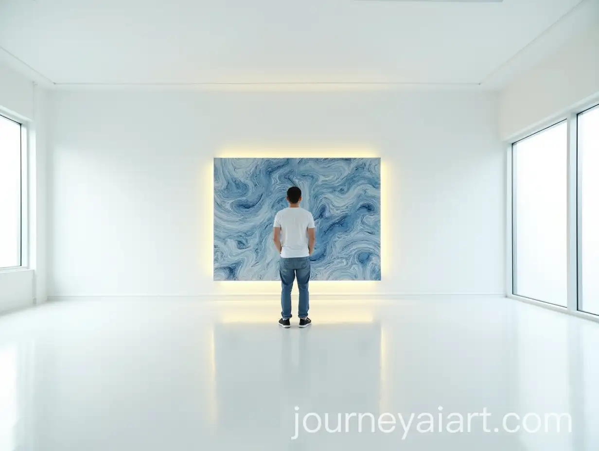 Man-Contemplating-Abstract-BlueWhite-Marble-Painting-in-Bright-Room